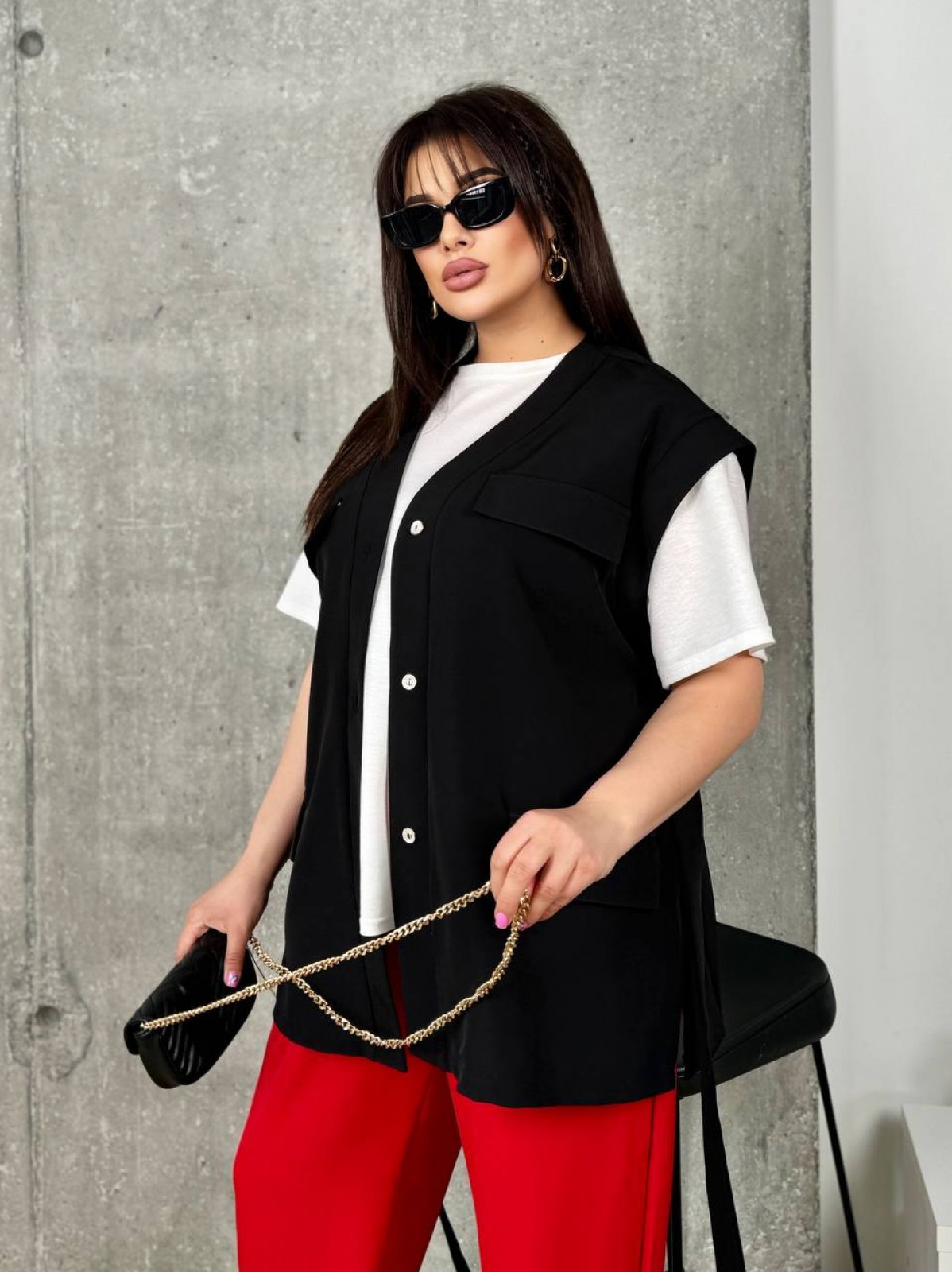 Жіночий костюм двійка жилетка та блуза колір чорний р.48/50 454106