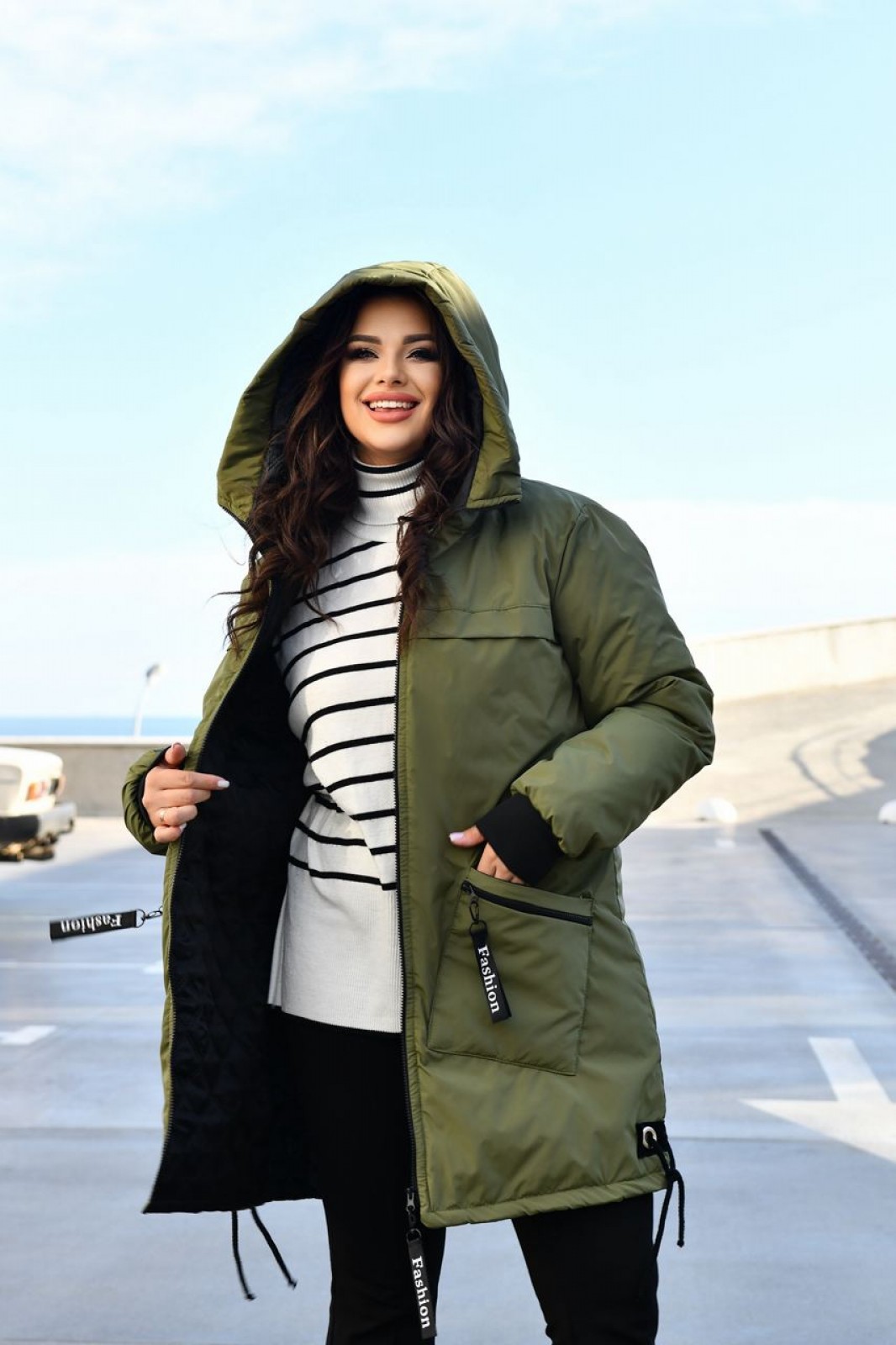 Жіноча куртка-пальто із плащової тканини колір хакі р.56/58 445958