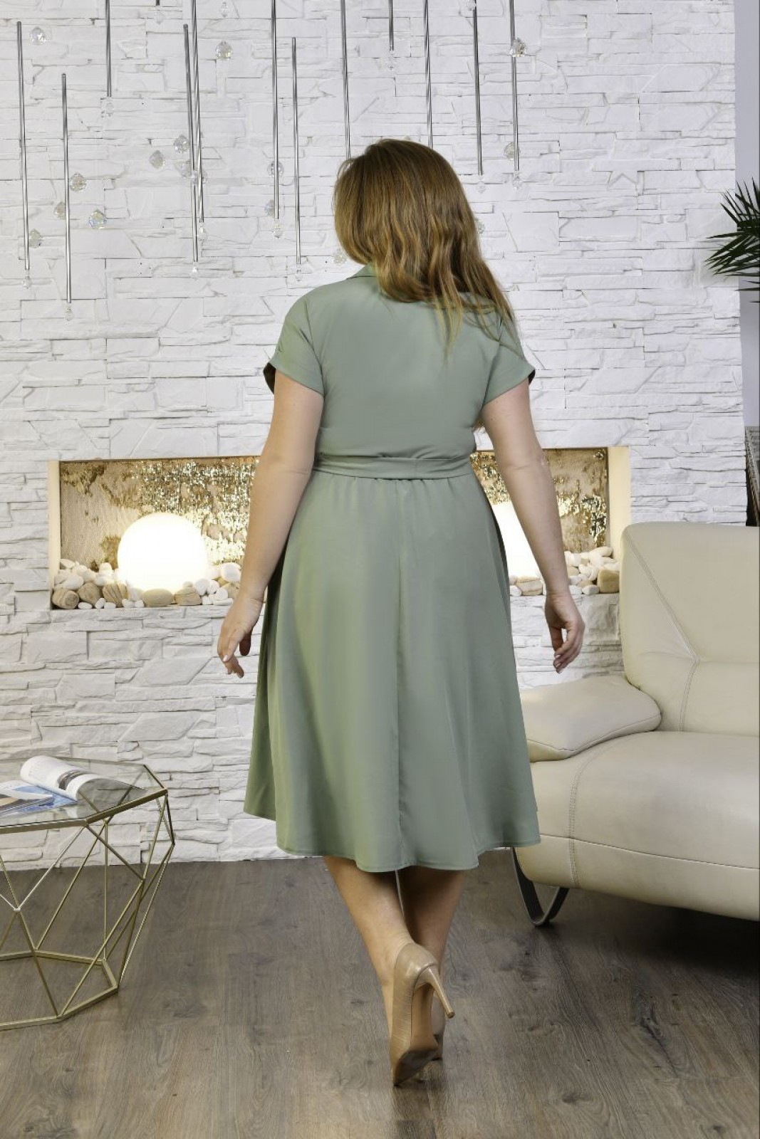 Жіноча сукня зі спідницею кльош колір оливковий р.58 432307