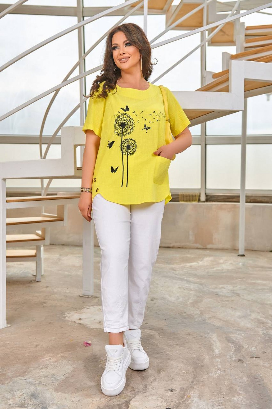 Жіноча льняна блуза колір жовтий р.46/48 433018