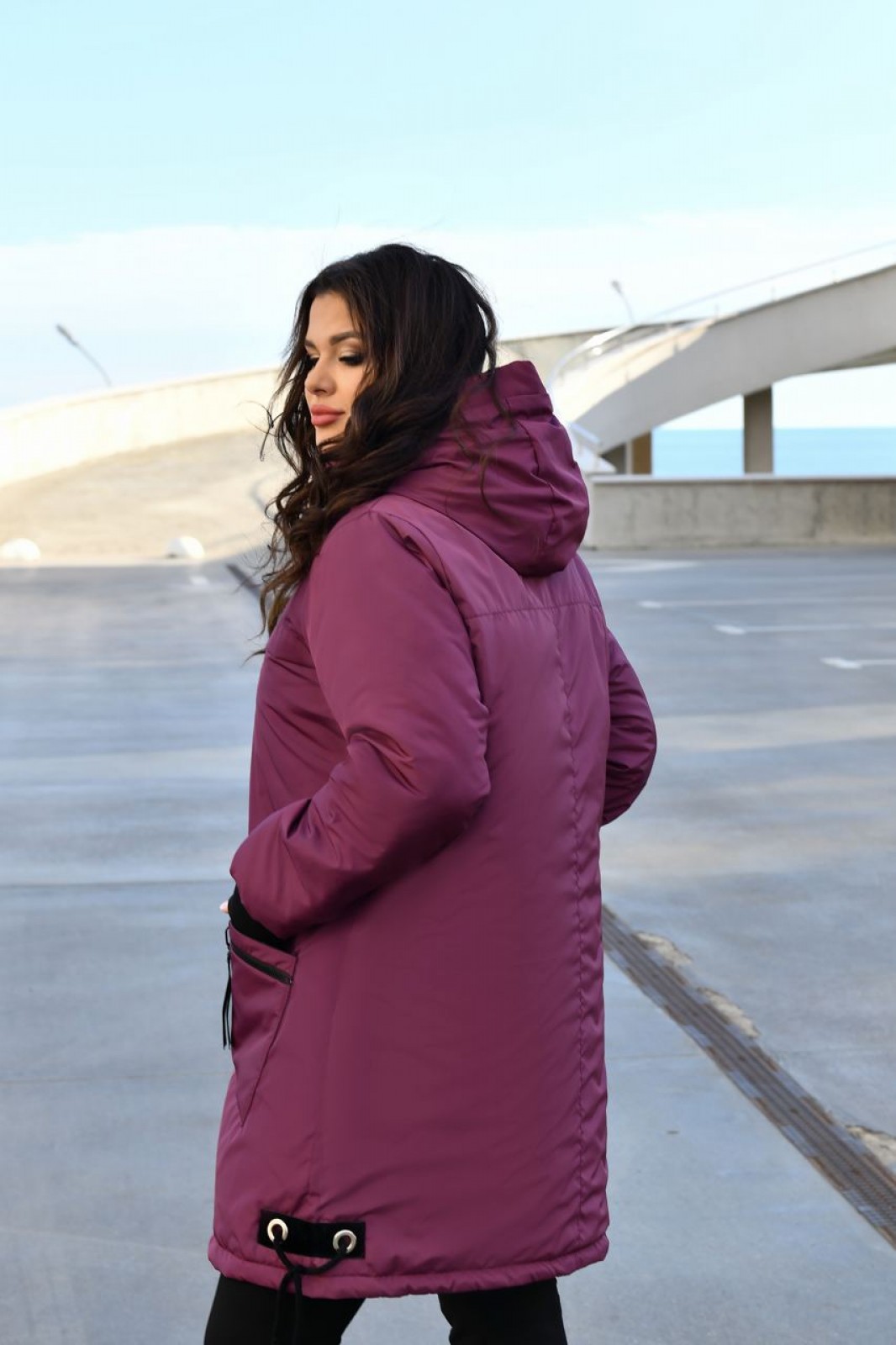 Жіноча куртка-пальто із плащової тканини колір марсал р.52/54 445955