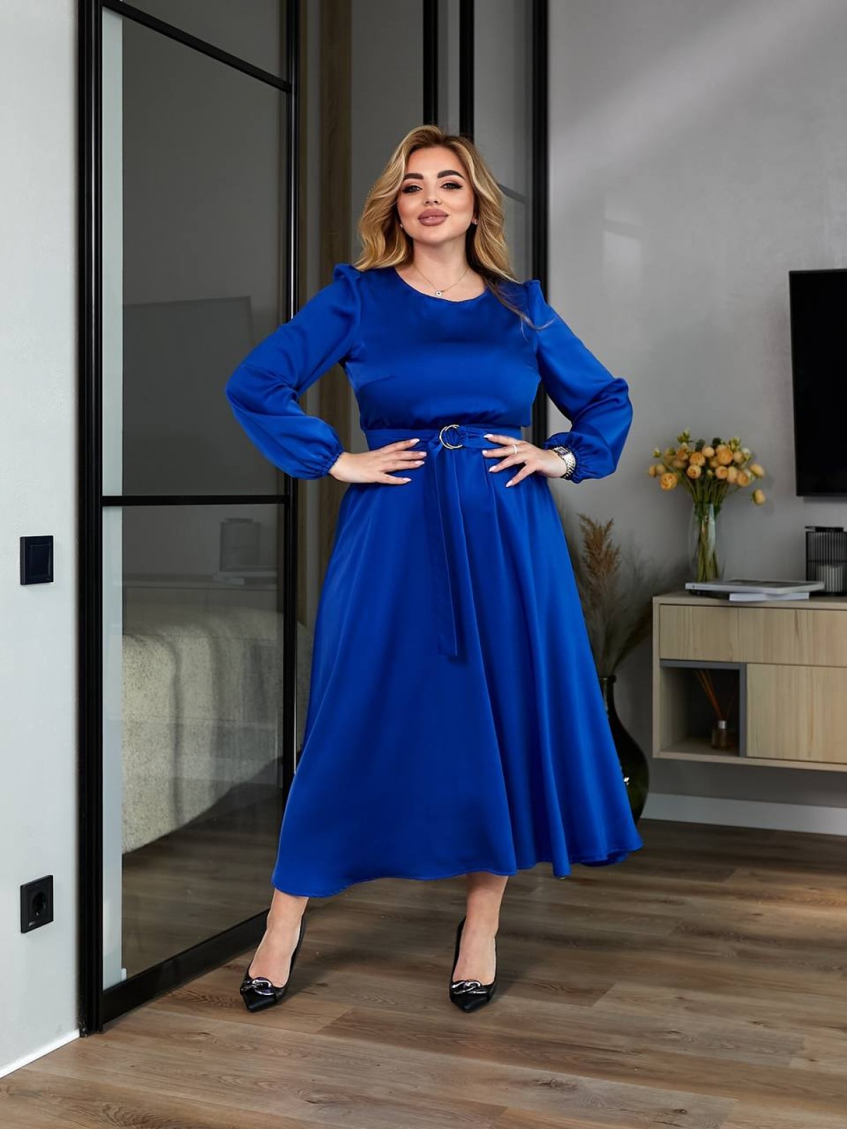 Жіноча сукня міді з шовку колір синій р.58/60 459126