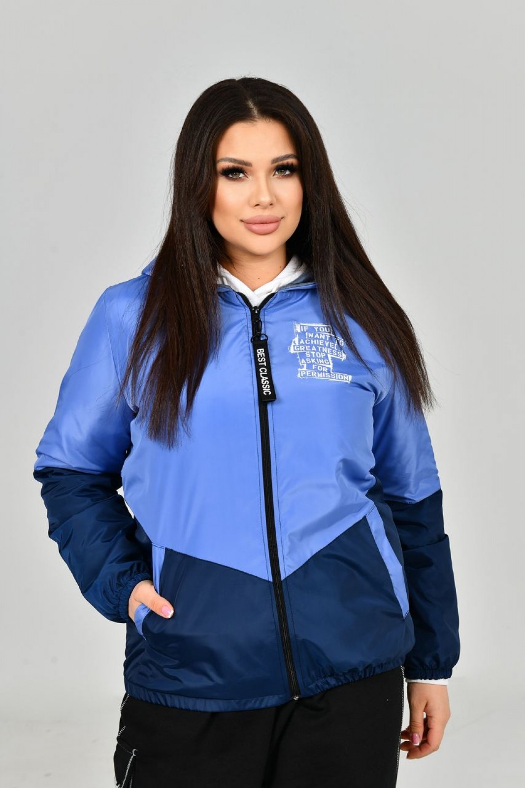 Жіноча куртка з капюшоном колір синій з джинсовим р.56/58 453457