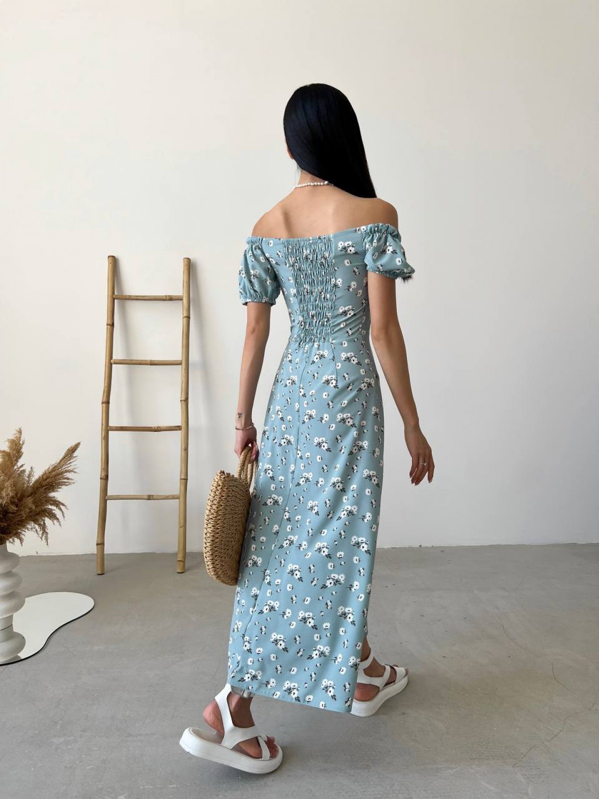 Жіноча літня сукня міді колір оливковий принт квітка р.44 438598
