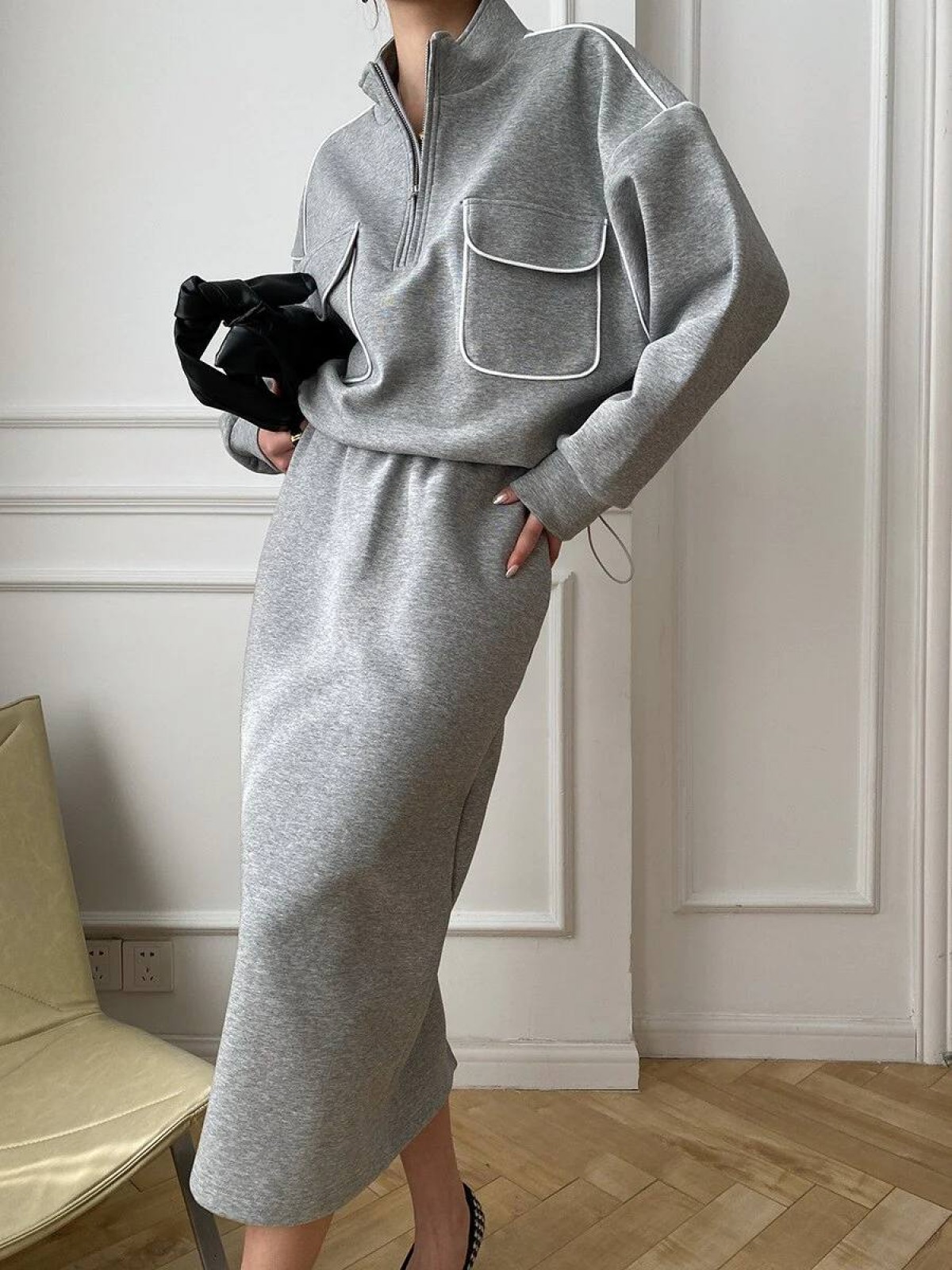 Жіночий костюм двійка зі спідницею колір сірий меланж р.50/52 451723