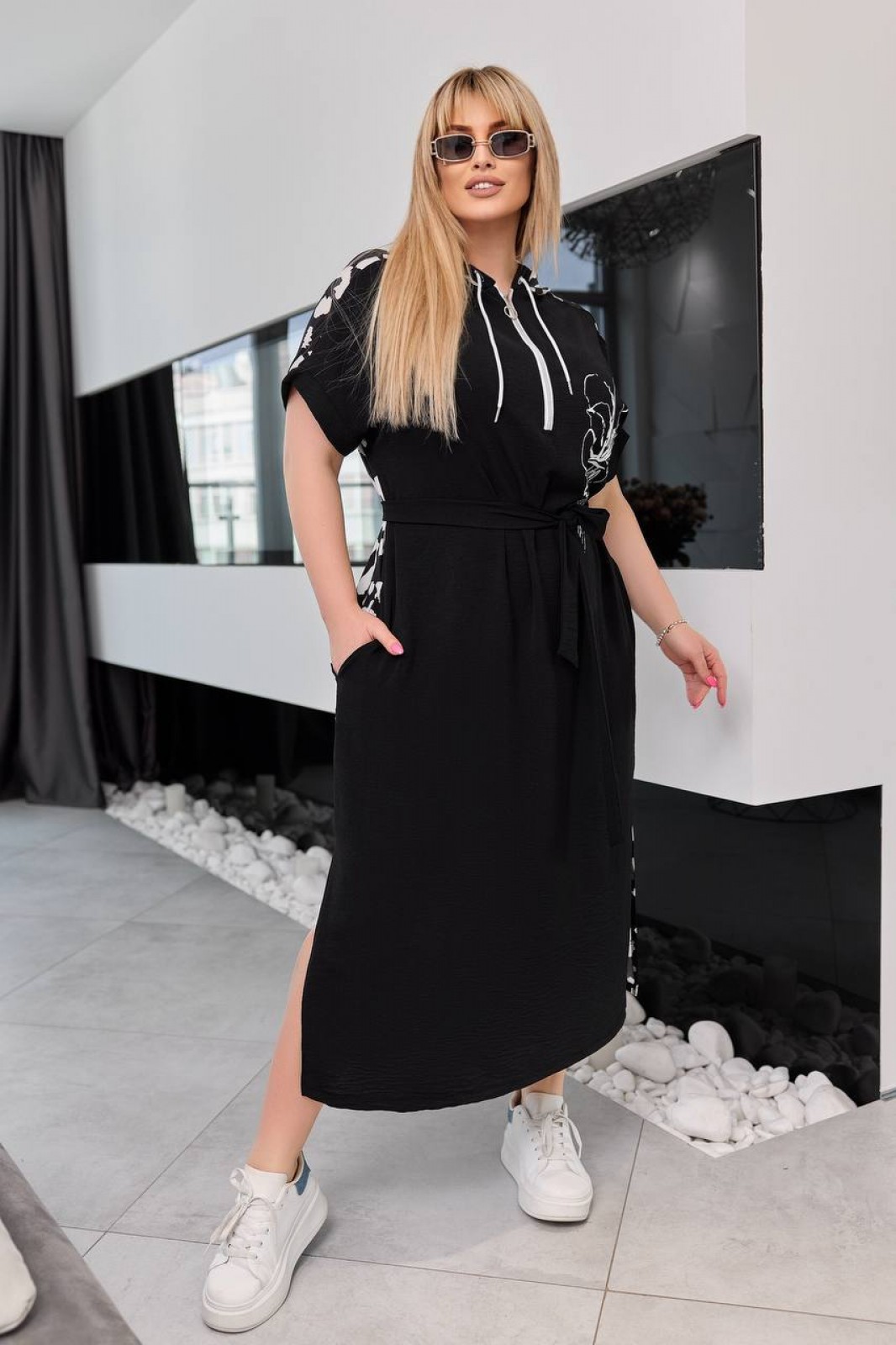 Жіноча сукня з поясом колір чорний леопард р.58/60 453890