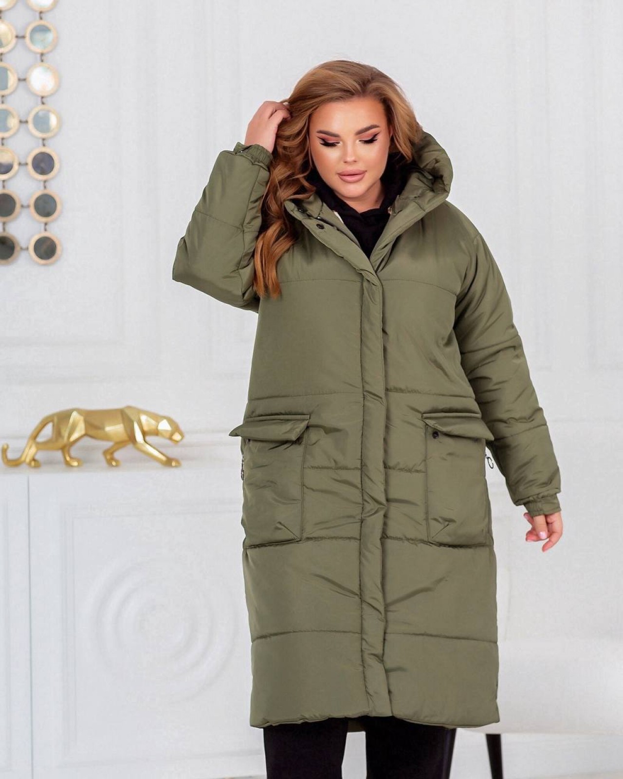 Жіноча тепла куртка-пальто з капюшоном колір хакі р.50/52 448987