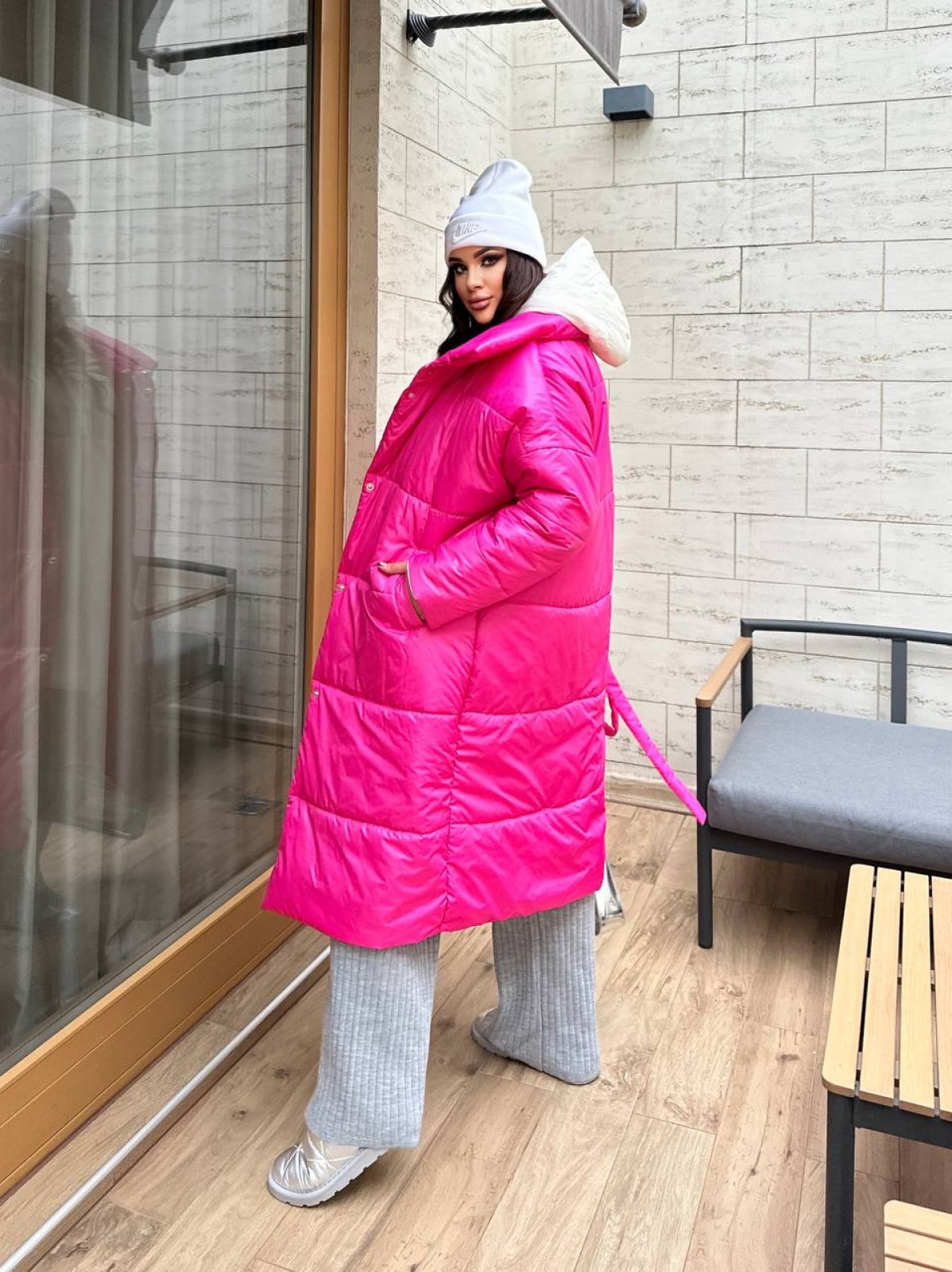 Жіноче стьобане тепле пальто рожевого кольору р.42/46 448090