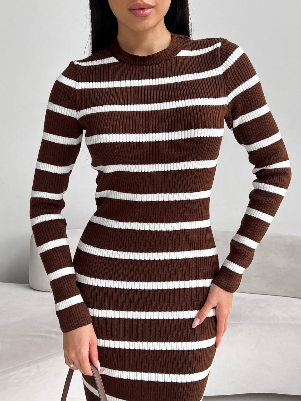 Жіноча сукня міді у смужку колір коричневий-білий р.42/46 449395