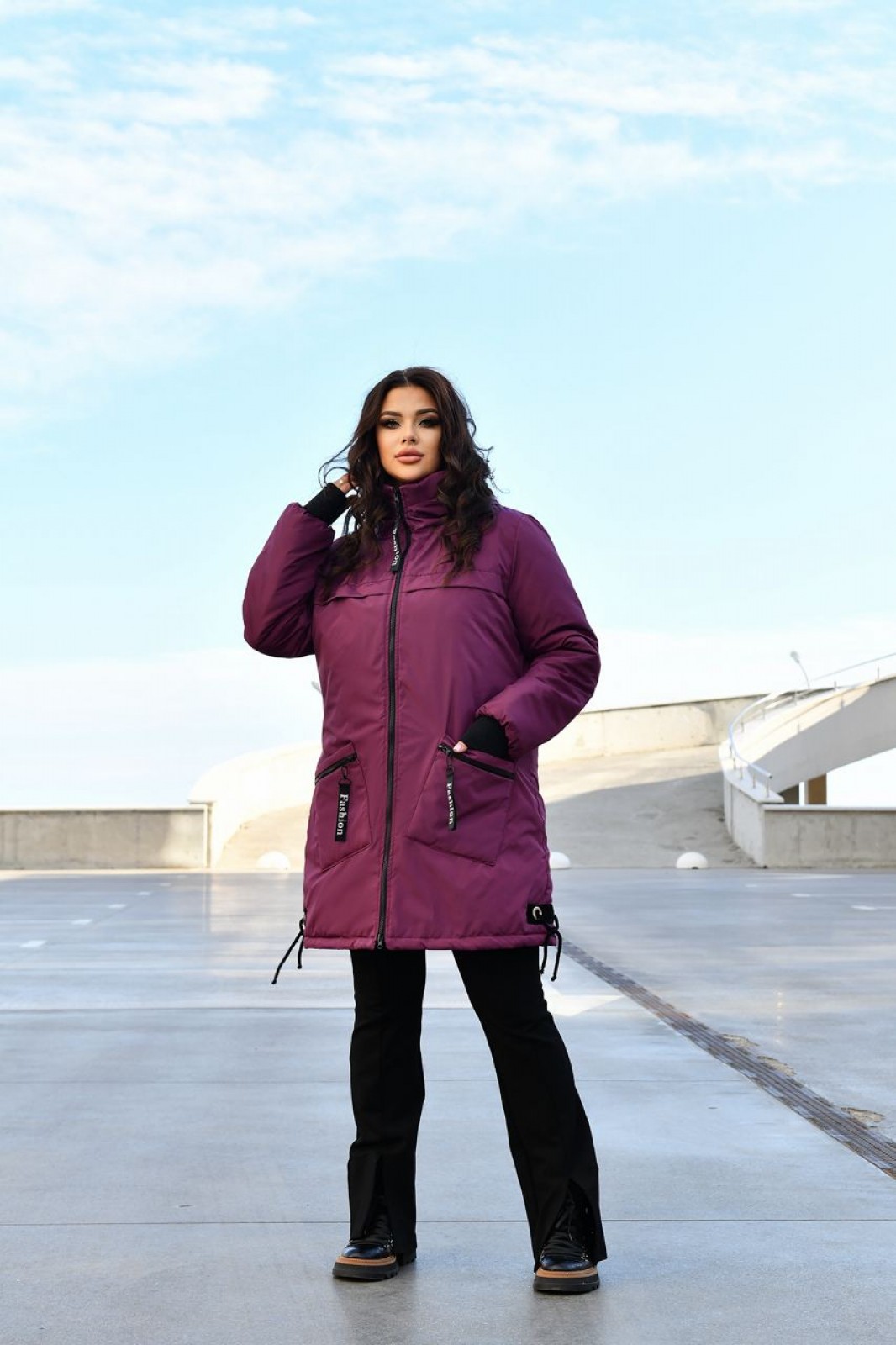 Жіноча куртка-пальто із плащової тканини колір марсал р.48/50 445909