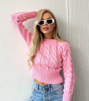 Жіночий светр укорочений з візерунком коси рожевого кольору р.42/46 396786