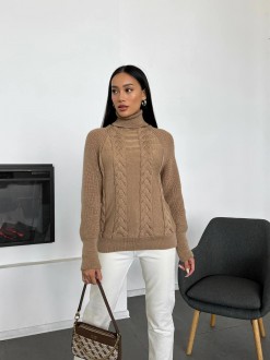 Жіночий в'язаний светр з об'ємними рукавами колір кемел р.42/46 443577