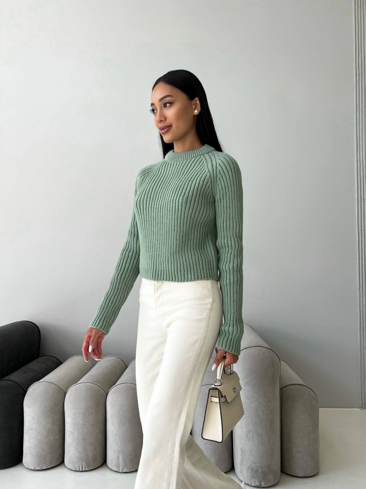 Жіночий светр із текстурним візерунком колір оливковий р.42/46 441956