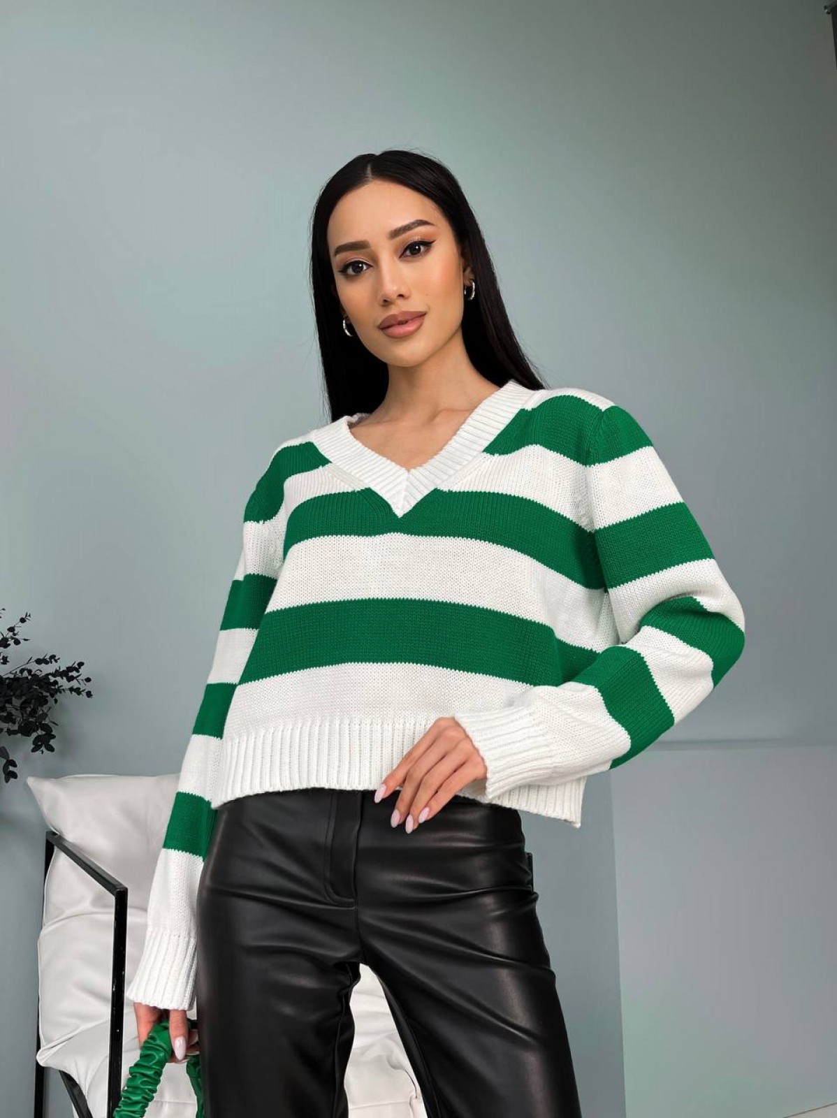 Жіночий светр із V-подібним вирізом колір молочний-зелений р.42/46 432195