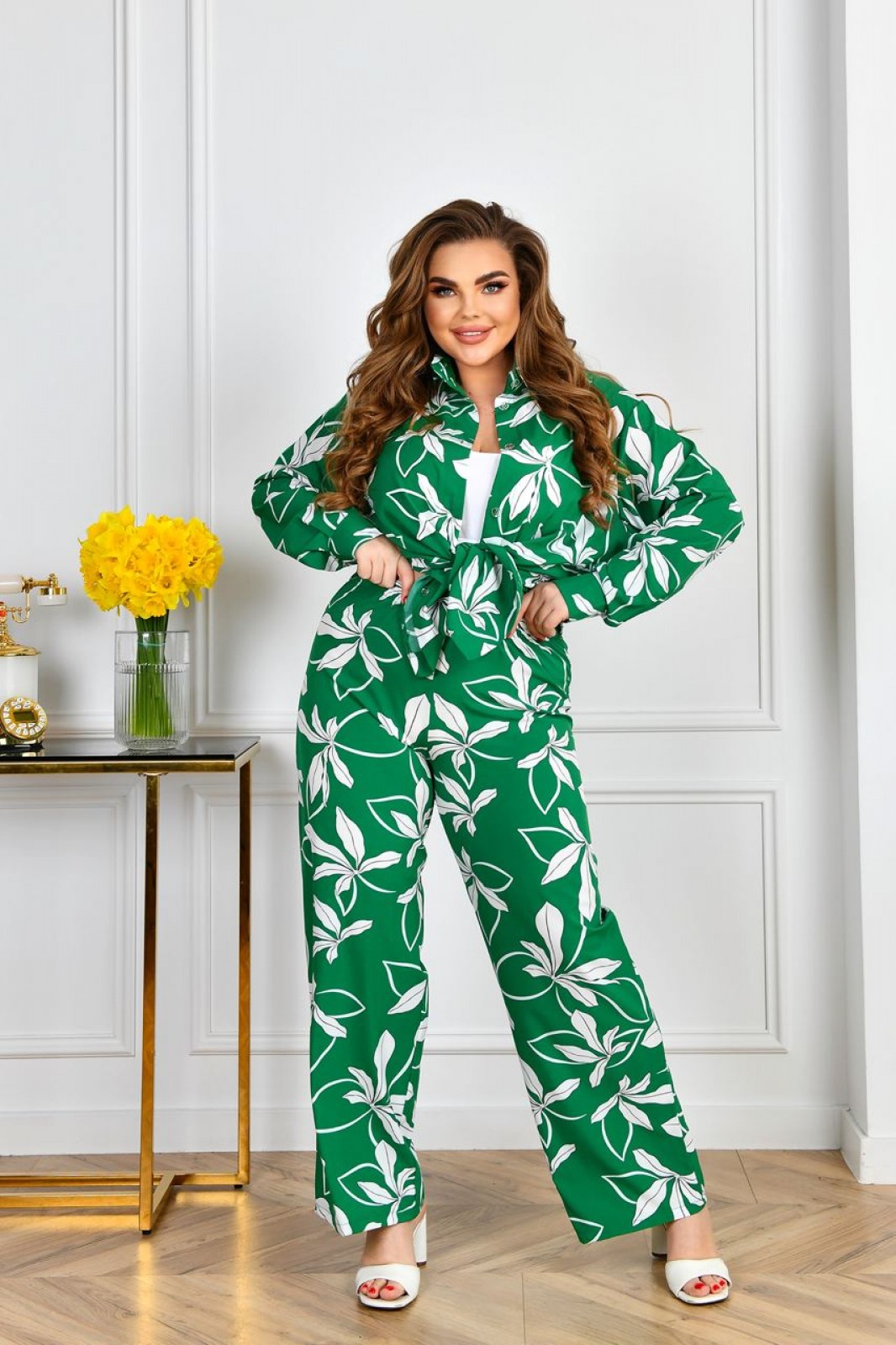 Жіночий костюм-двійка з софту колір зелений р.56/58 455659
