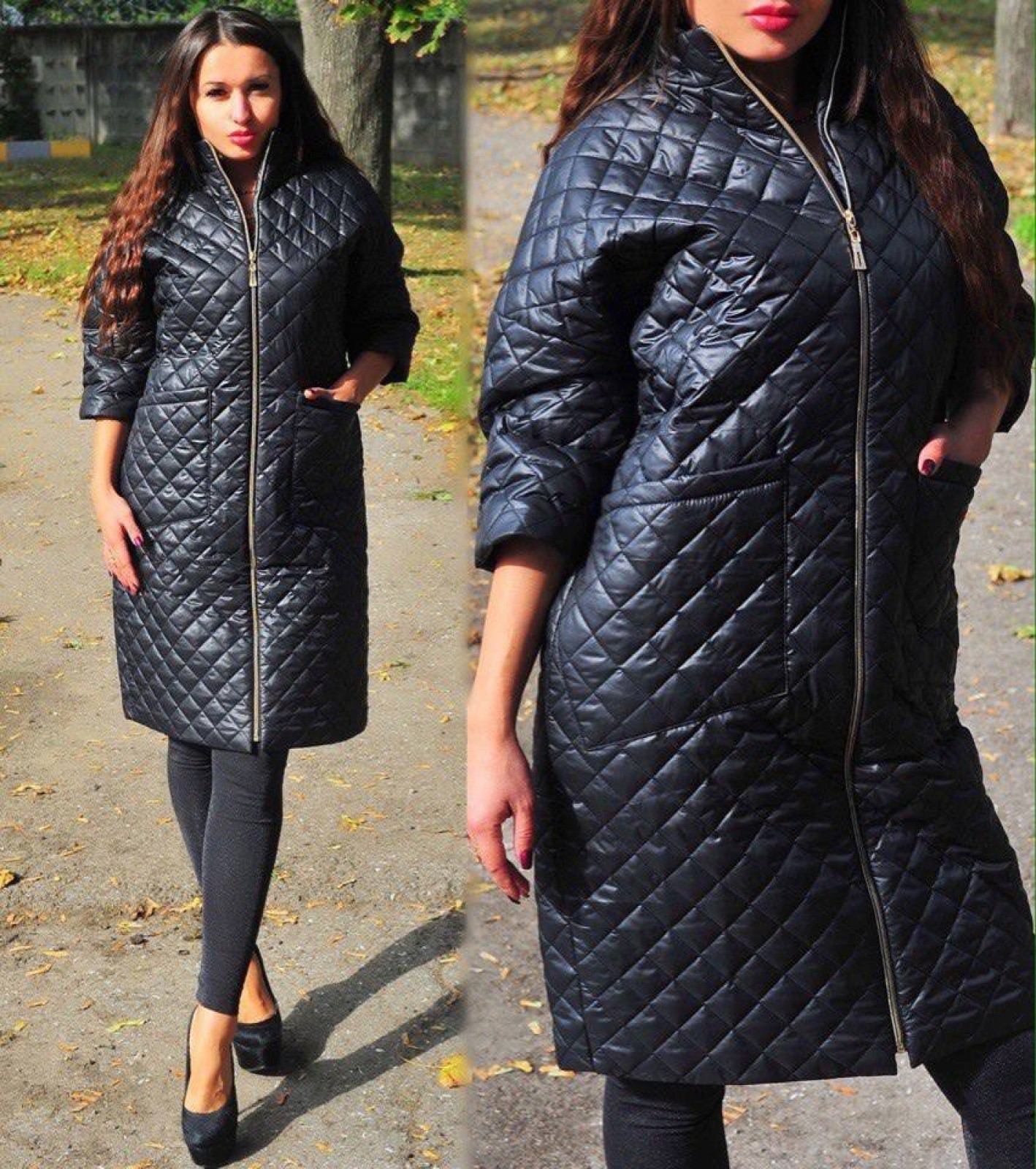 Жіноча куртка-пальто із плащової тканини чорного кольору р.54 377542