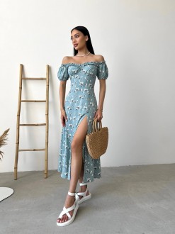 Жіноча літня сукня міді колір оливковий принт квітка р.46 438599