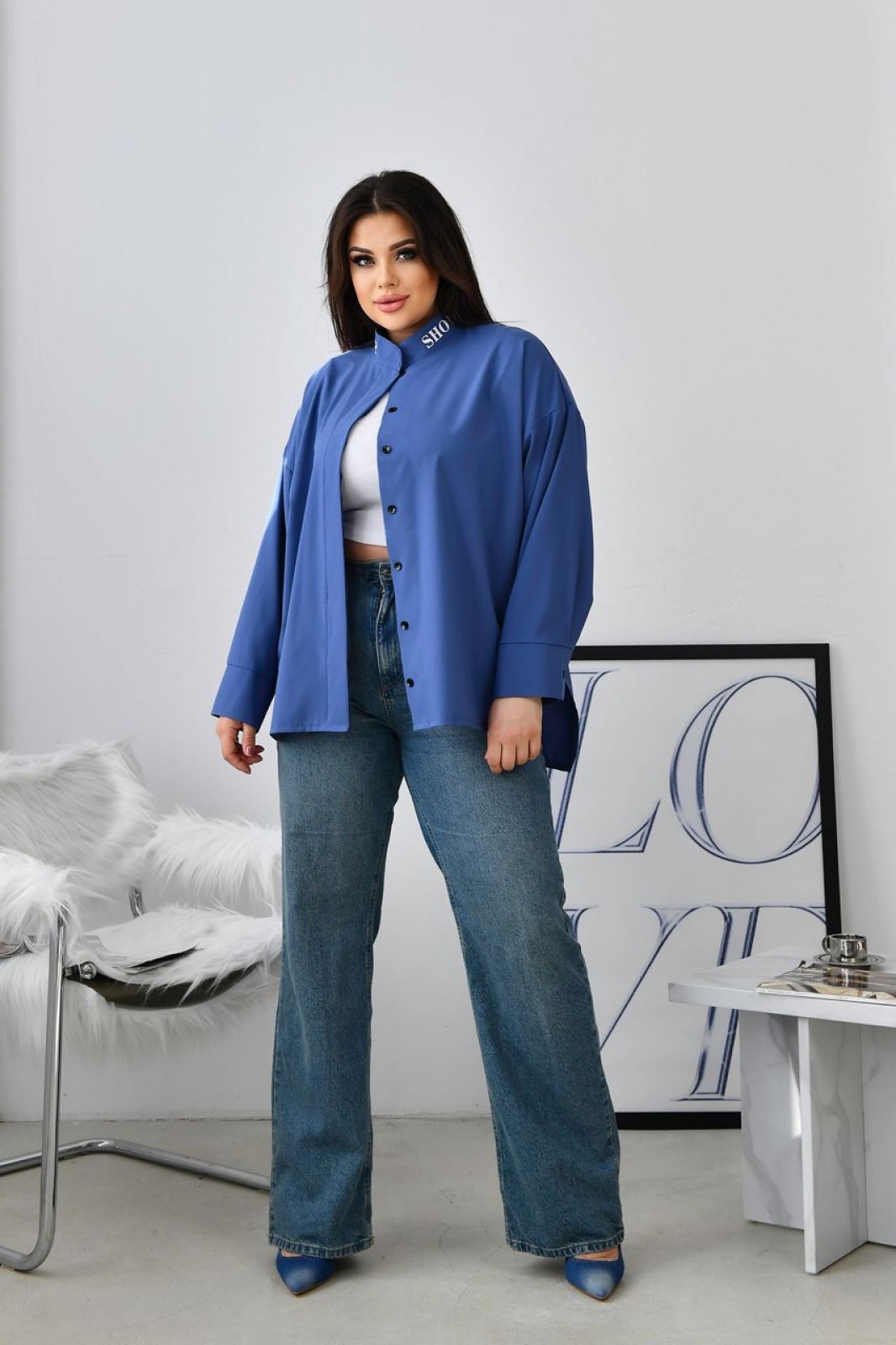 Жіноча блуза із софту колір джинс р.56/58 452867