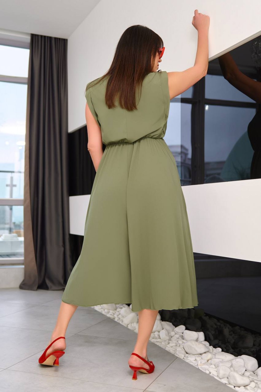 Жіноча сукня із софту міді колір хакі р.46/48 456297