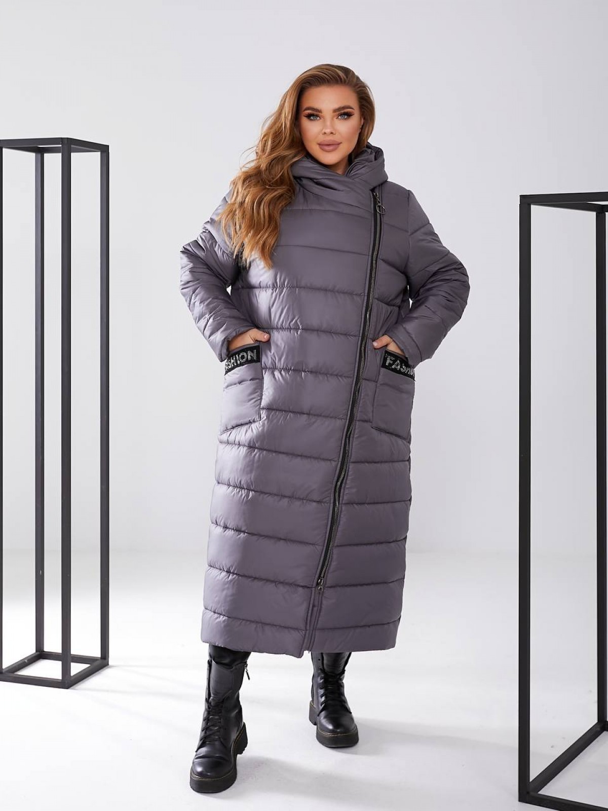 Жіноча куртка-пальто із плащової тканини колір графіт р.48/50 448426