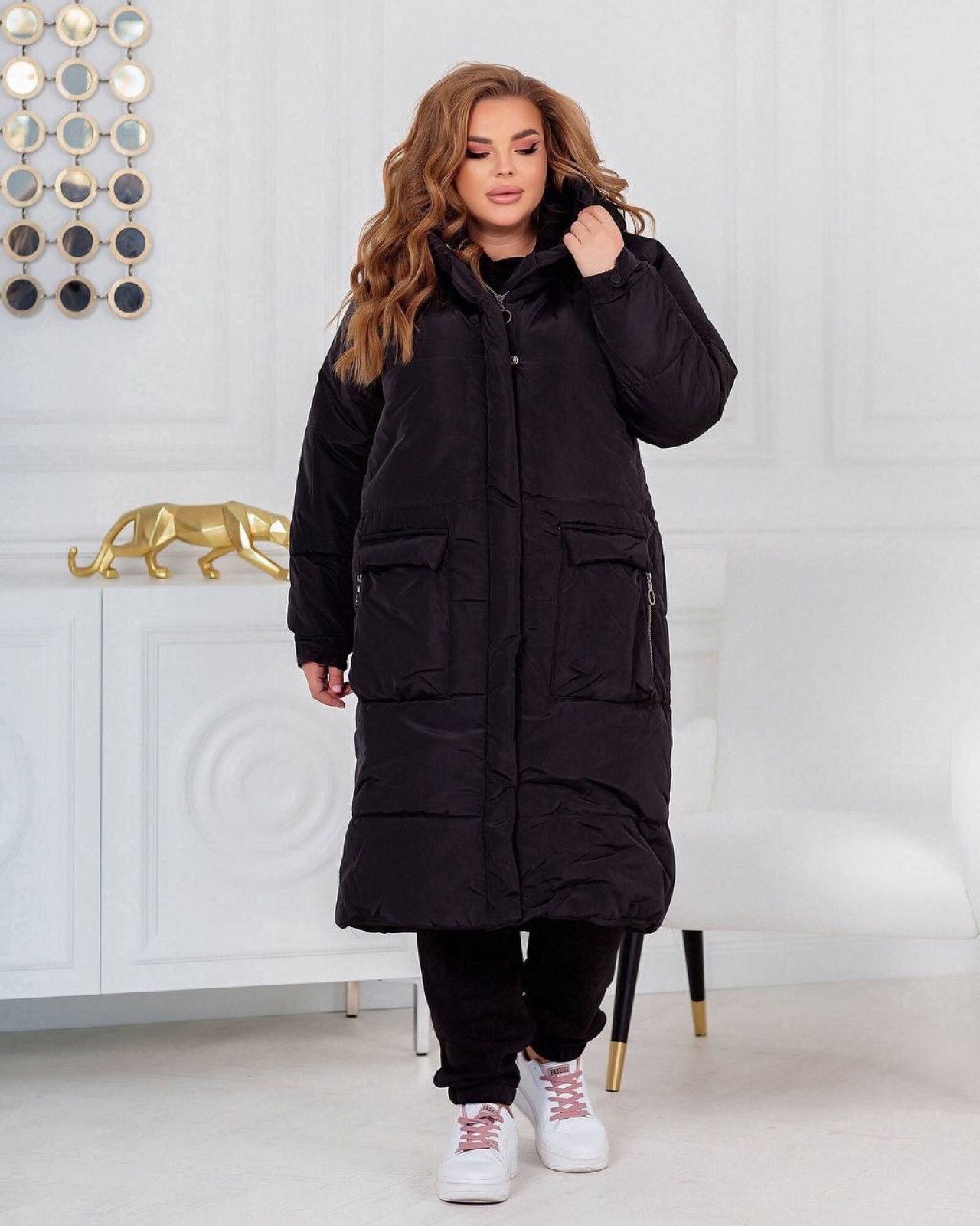 Жіноча тепла куртка-пальто з капюшоном колір чорний р.46/48 449027