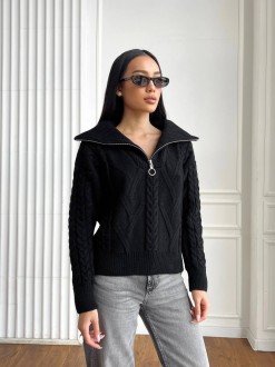 Жіночий светр з V-подібним коміром та блискавкою колір чорний р.42/46 445972