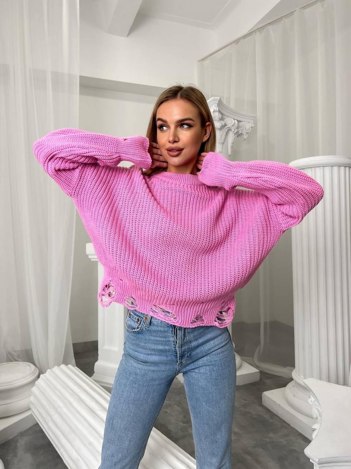 Жіночий светр з дірками рожевого кольору р.42/46 407260