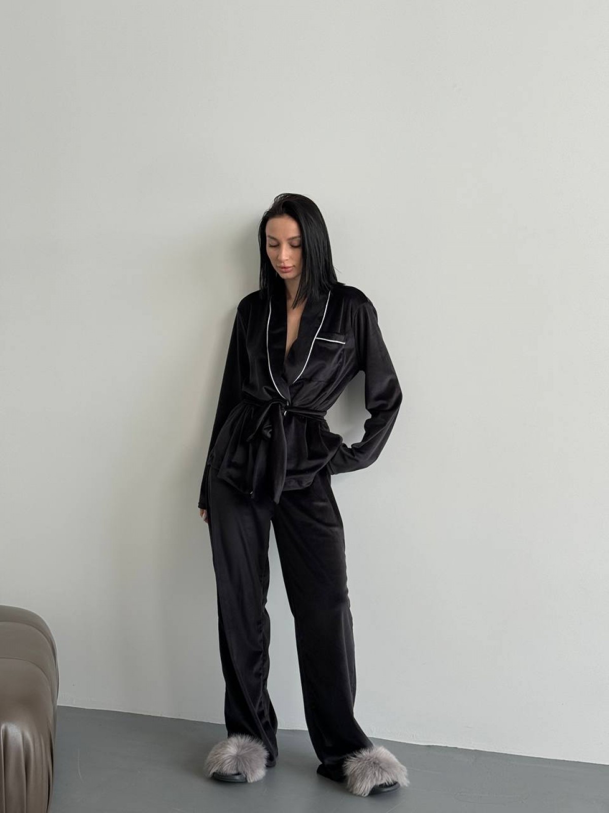 Жіноча піжама двійка плюш велюр колір чорний р.42/44 452516