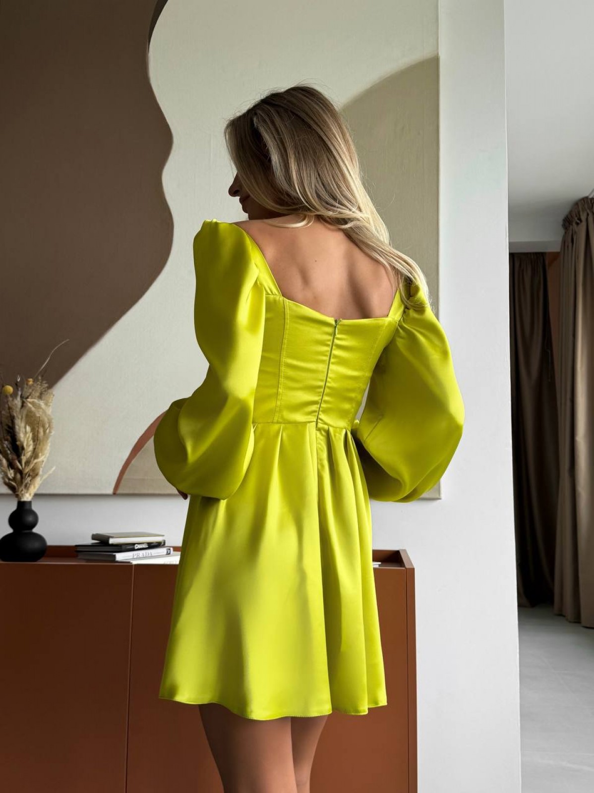 Жіноча сукня міні із сатину колір лаймовий р.46 459714