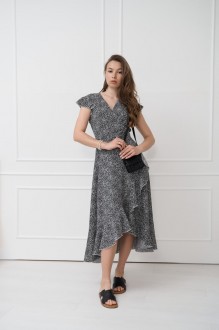 Жіноча сукня міді на запах колір сірий принт горошок р.S 460067