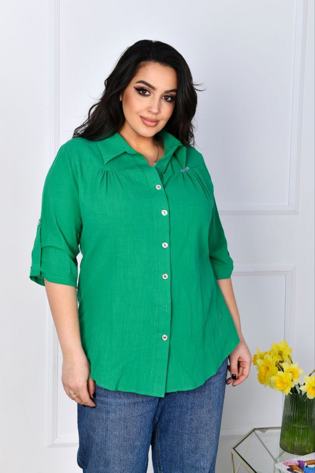 Жіноча льняна сорочка зеленого кольору р.58 420906