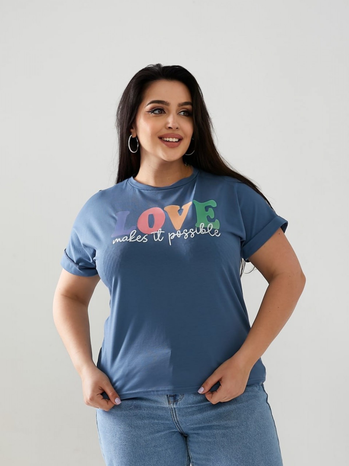 Жіноча футболка LOVE колір джинсовий р.48/50 432489