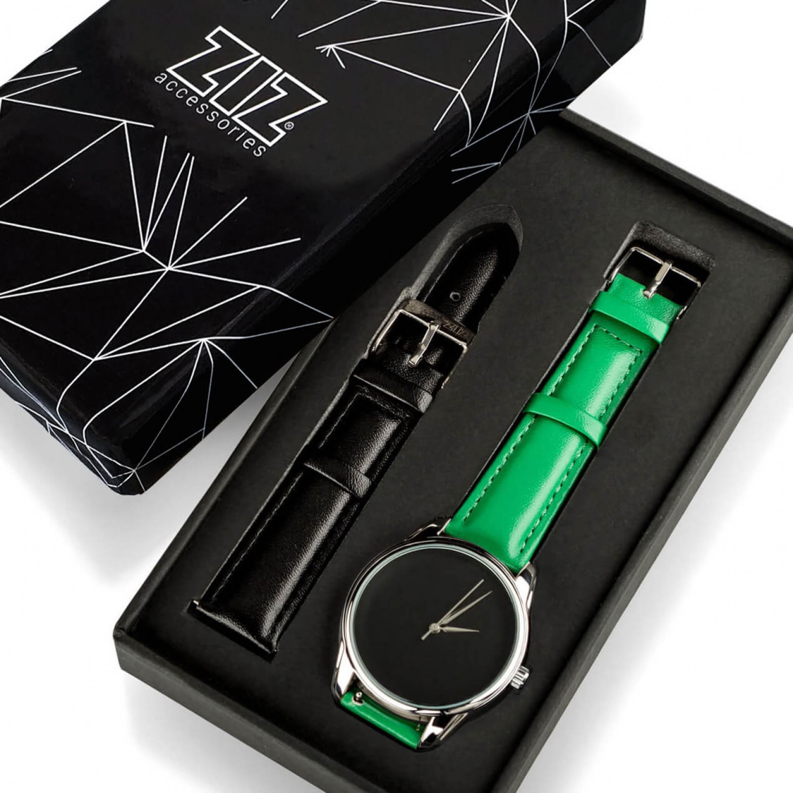 Годинник ZIZ Мінімалізм чорний, ремінець смарагдово-зелений, срібло і додатковий ремінець 142884