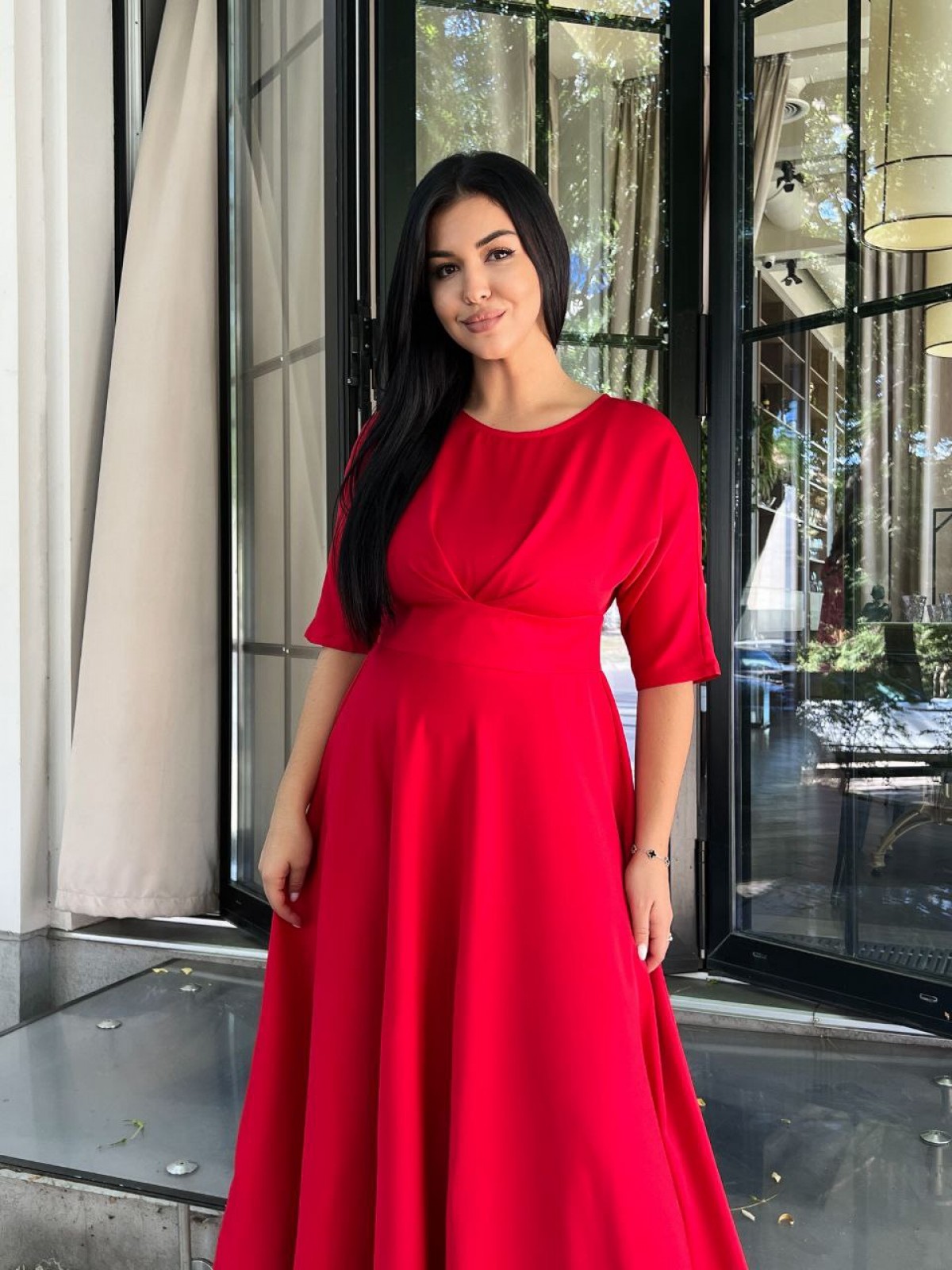 Жіноча сукня міді з креп-костюмки колір червоний р.50 444712