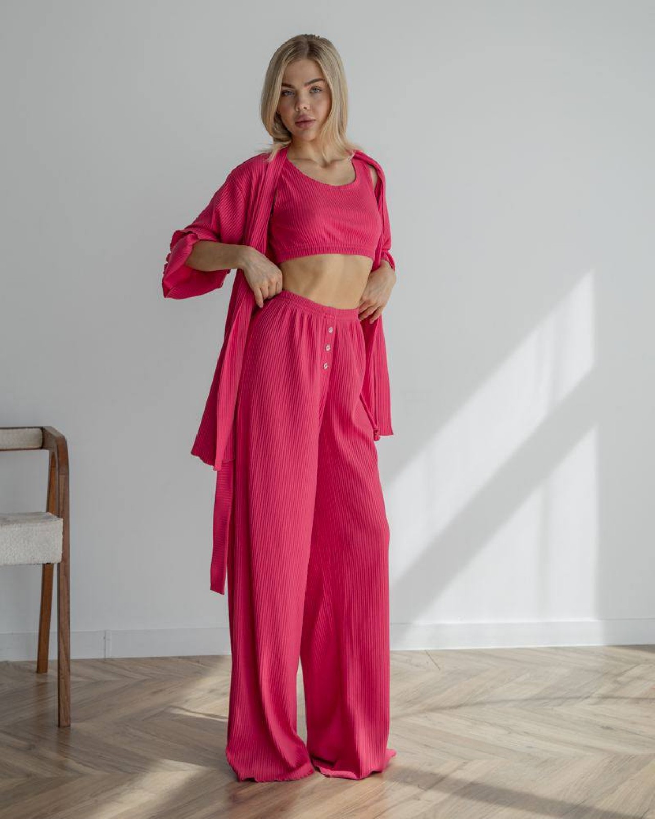 Жіночі піжамні штани в рубчик колір рожевий р.L 443806