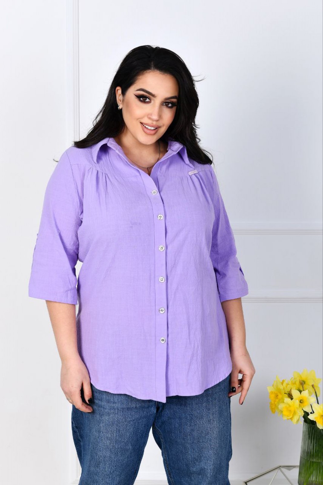 Жіноча льняна сорочка фіолетового кольору р.54 420913