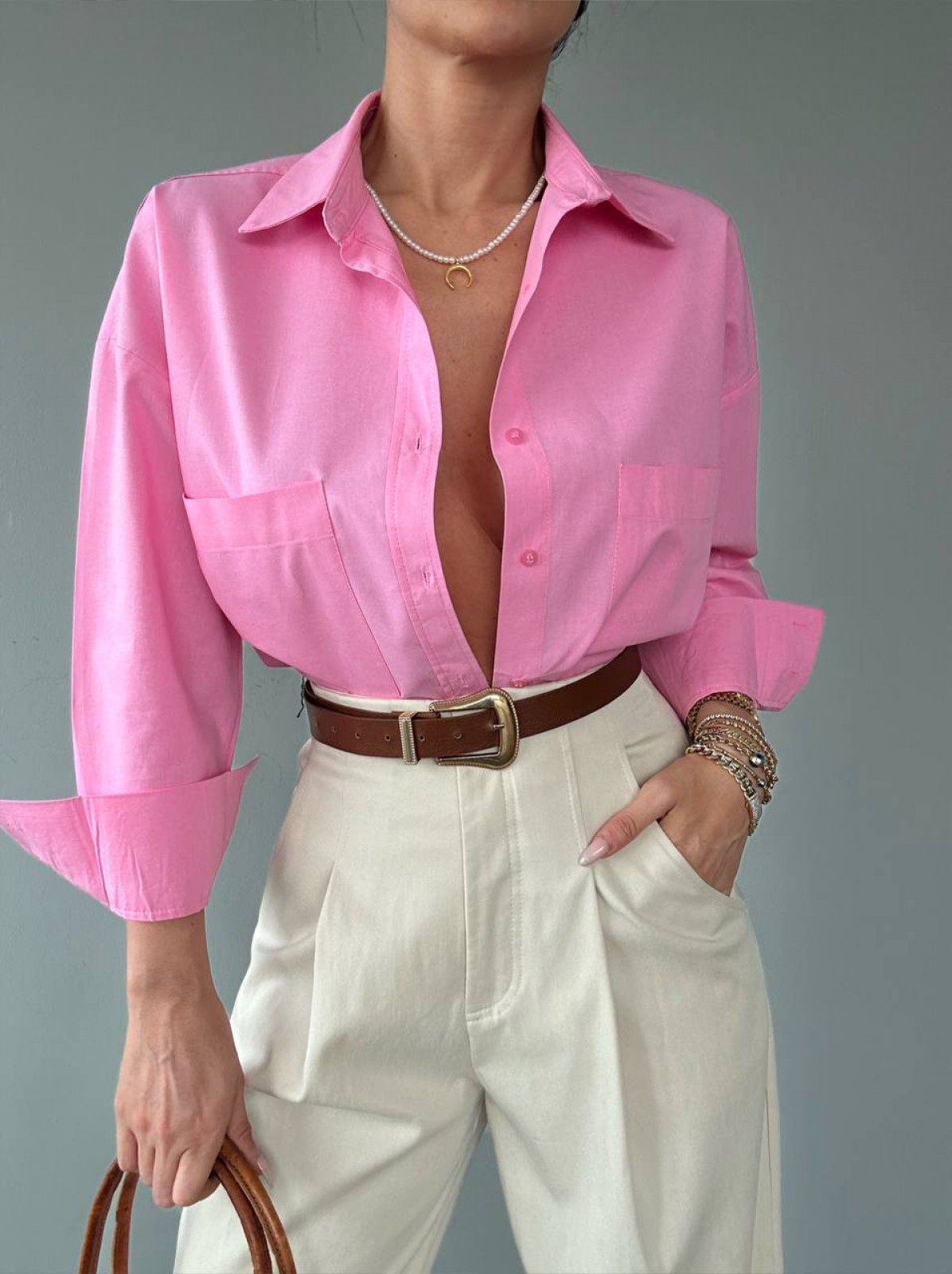 Жіноча базова сорочка з бавовни колір рожевий р.42/46 449326