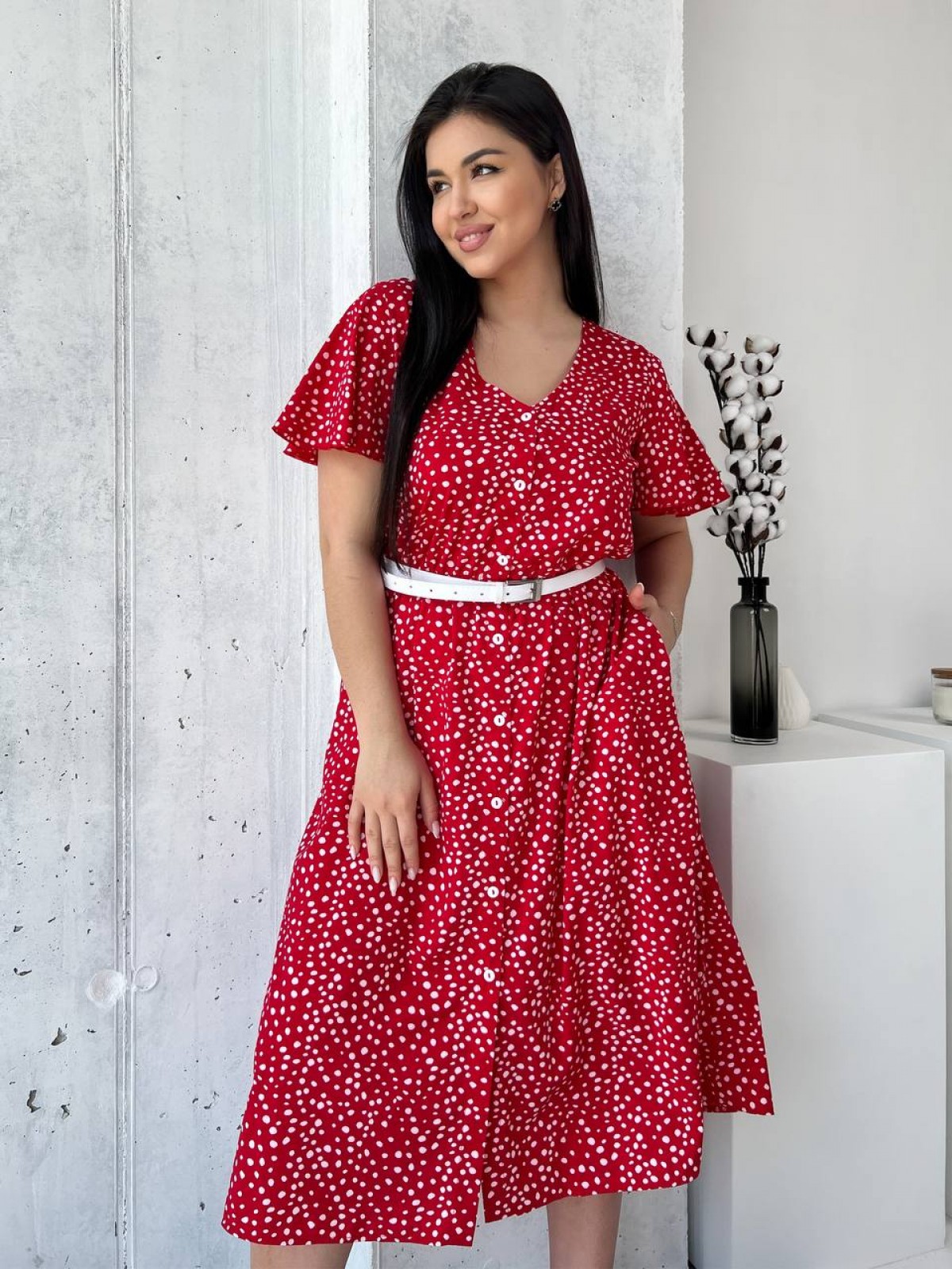 Жіноча сукня з поясом колір червоний р.54/56 434405