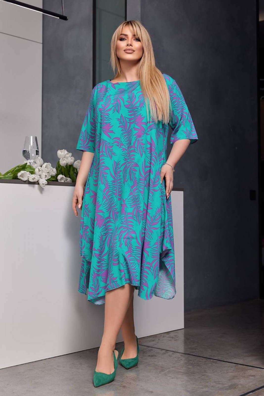 Жіноча сукня із софту колір бірюзовий-малина р.54/56 453451