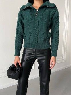 Жіночий светр з V-подібним коміром та блискавкою колір темно-зелений р.42/46 445974