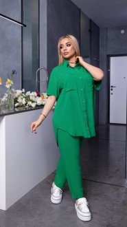 Жіночий лляний костюм сорочка та штани зеленого кольору  р.48/52 359211