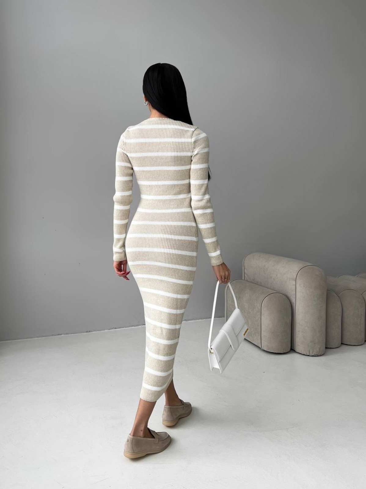 Жіноча сукня міді у смужку колір беж-білий р.42/46 449396