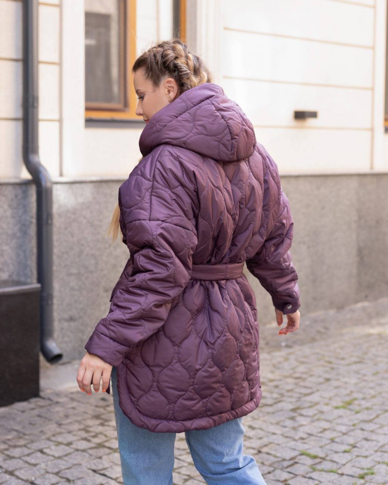 Жіноча куртка з поясом колір фіолет р.58/60 440926