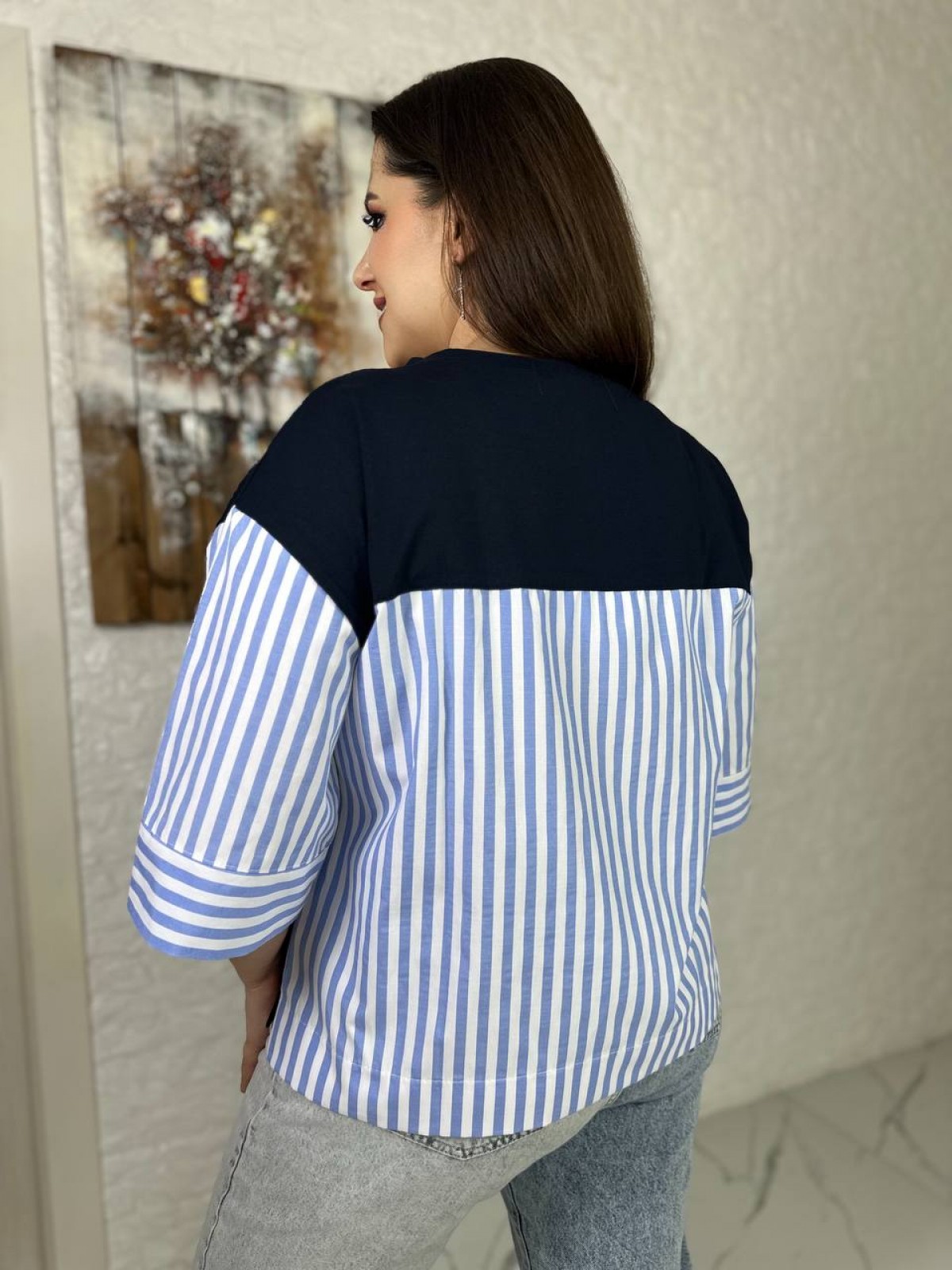 Женская блуза колір темно-синій синя смужка р.50/52 455934