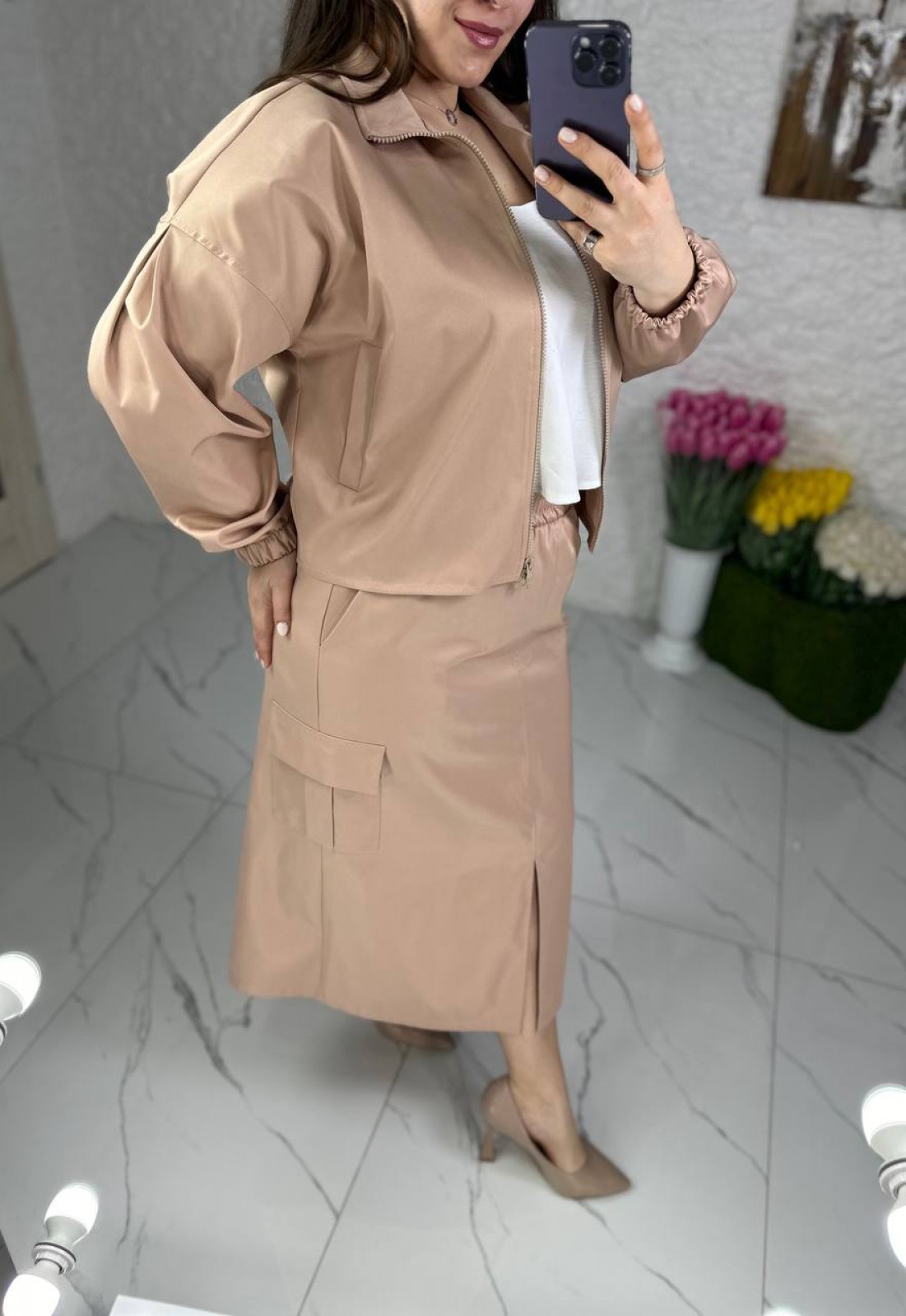 Жіночий костюм спідниця та кофта колір капучино р.54/56 452996