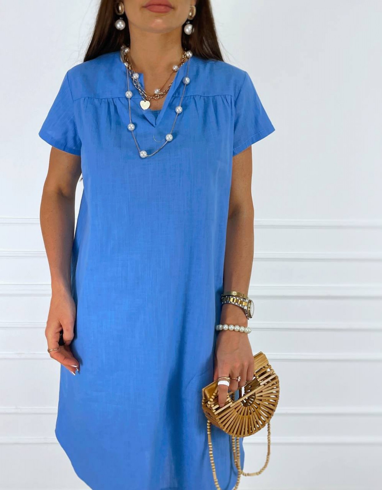 Жіноча лляна сукня вільного крою блакитного кольору р.46/48 359097