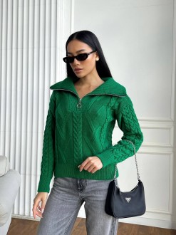 Жіночий светр з V-подібним коміром та блискавкою колір зелений р.42/46 445973