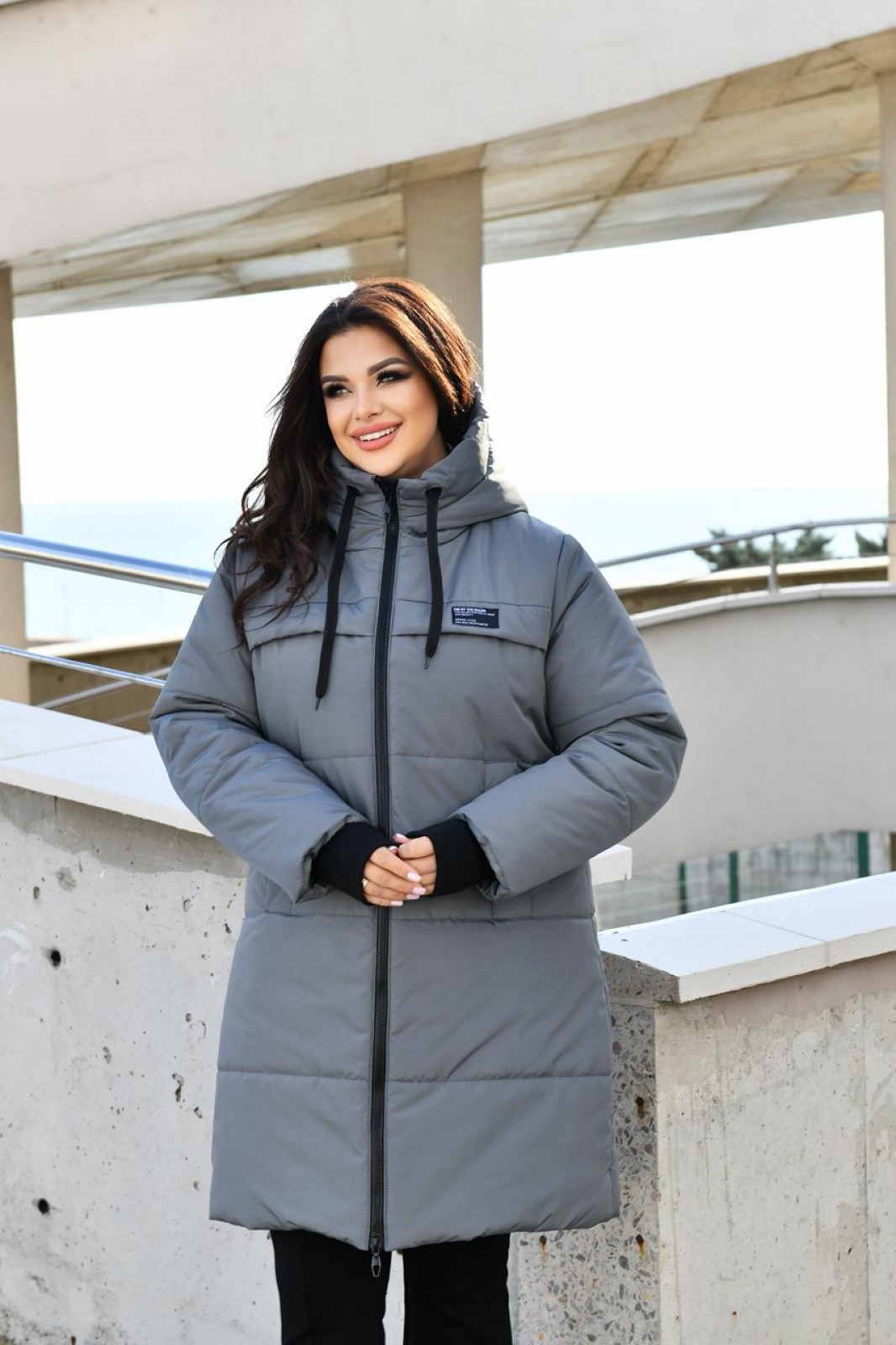 Жіноча куртка-пальто із плащової тканини колір графіт р.52/54 448385
