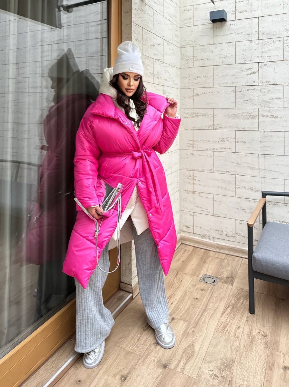 Жіноче стьобане тепле пальто рожевого кольору р.42/46 448090