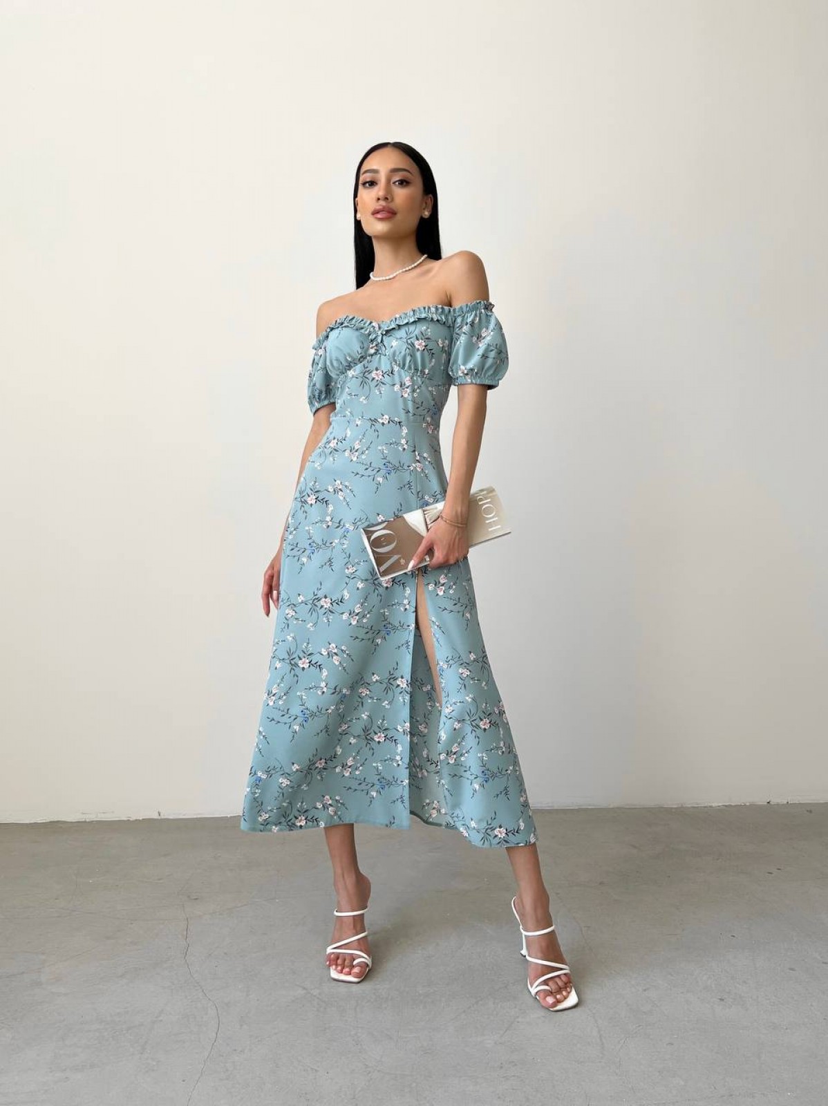 Жіноча літня сукня міді колір оливковий принт гілочка р.42 438585